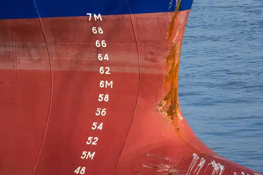 Draft marks on a vessel. Draft varies based on how heavily loaded a vessel is, and deeper drafts lead to higher cleaning costs. 